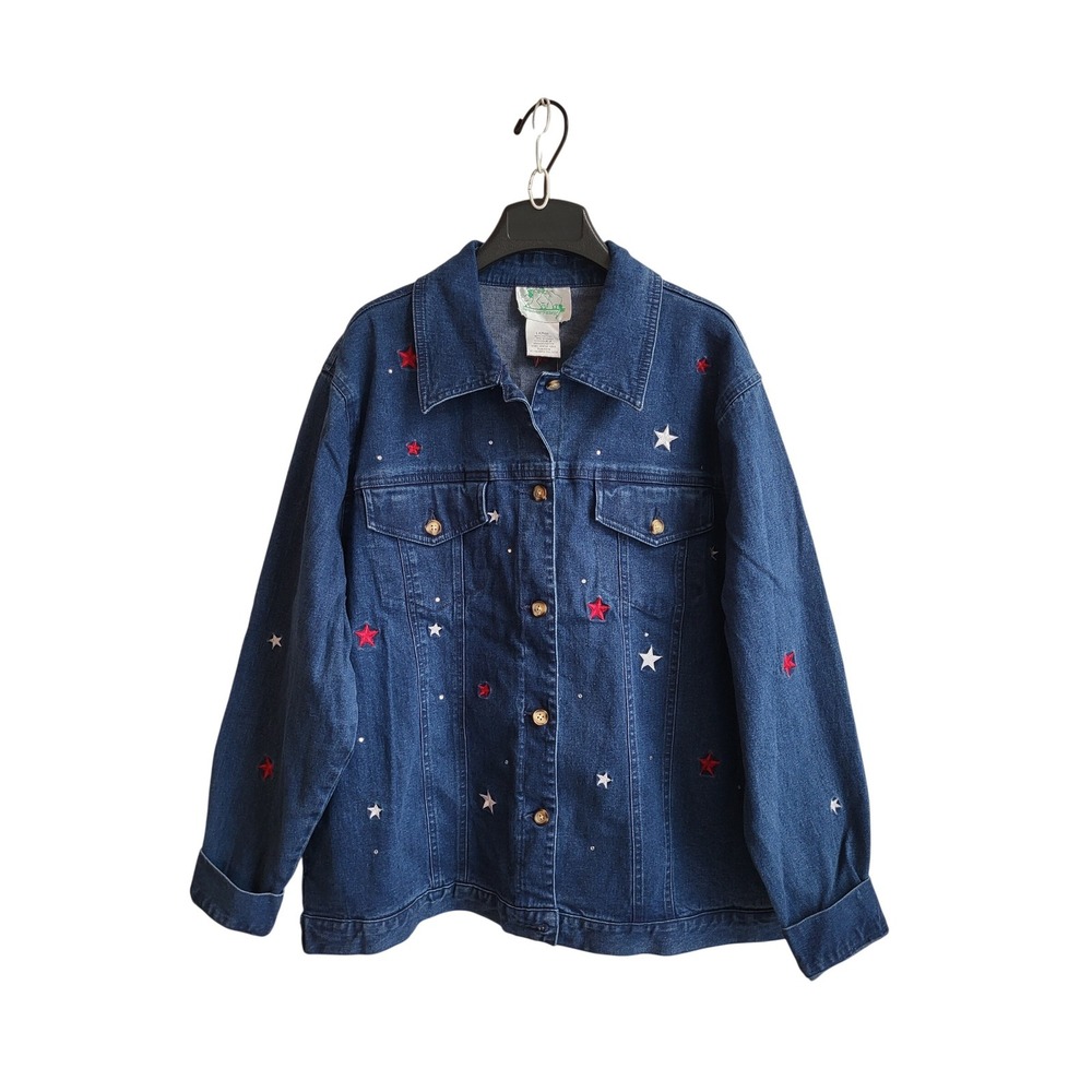 Quacker Factory Patriotic Denim Jacket Star Button Cover Rhinestones NWT L 14/16